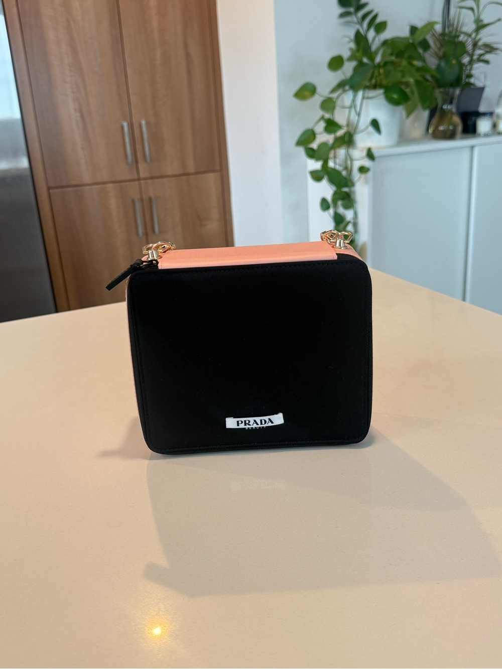 P r a d a Beauty Black & Pink Velvet Box pouch with chain